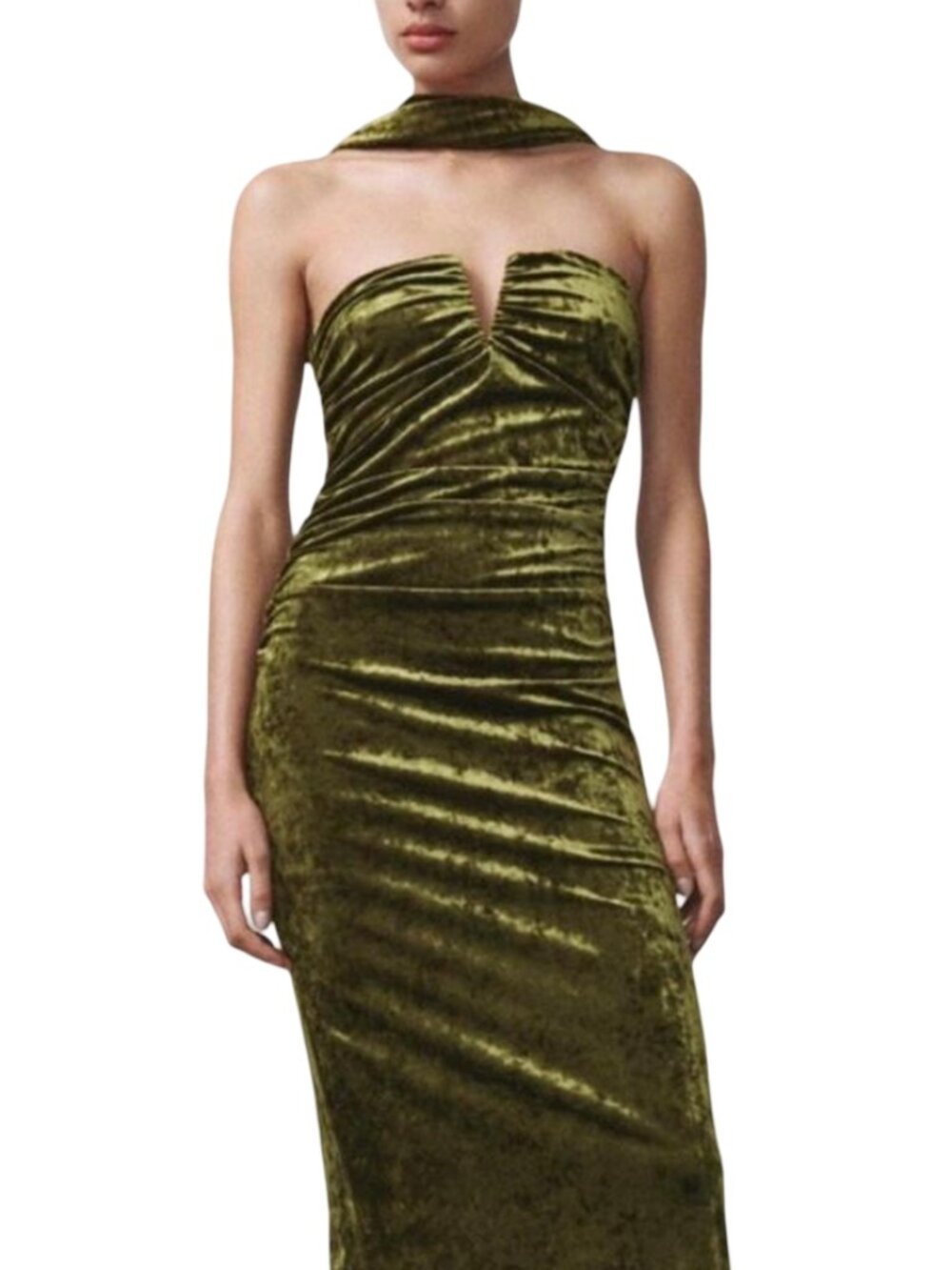 Zara Bold Green Strapless Crushed Velvet Dress Neck Strap Midi Size Medium Women